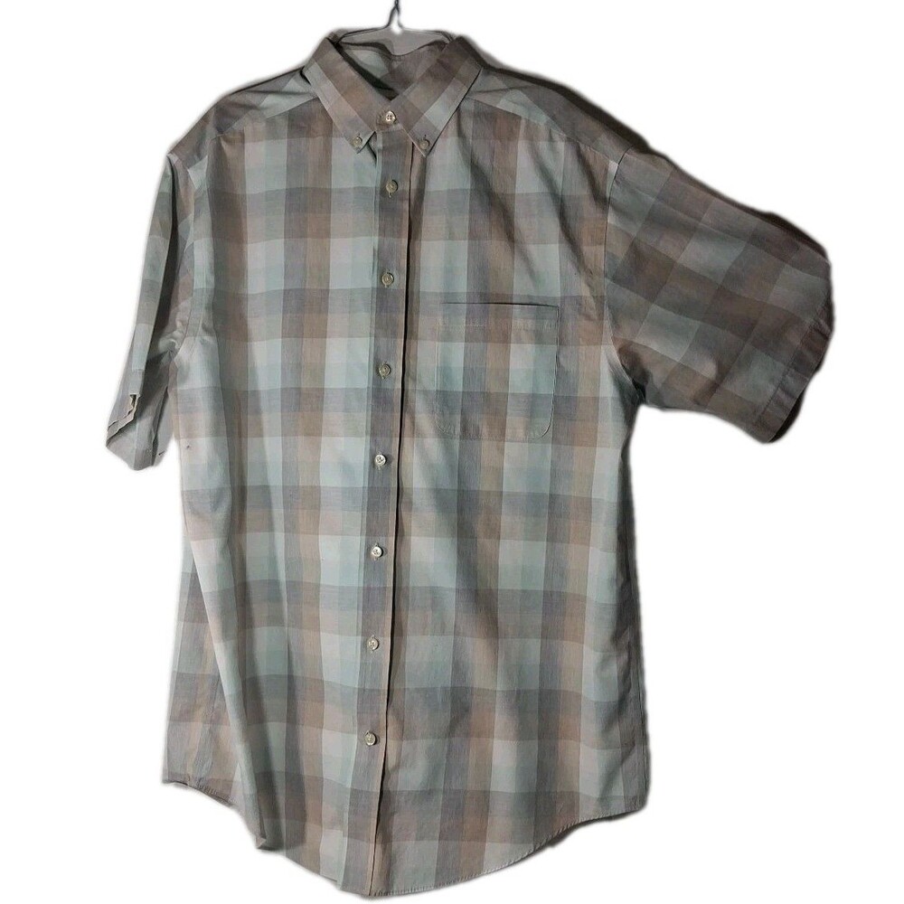 Mens Plaid Gold Label Dress Greens Browns  Short Sleeve Shirt Lg Tall